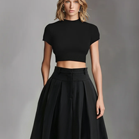 Women's Black Stretch-Knit & Woven Set With Cropped Top & Maxi Dress, Timeless Sleek-Chic Style Set (without Belt) MDZ1412A1I