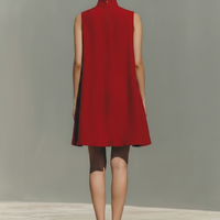 Women's Red Lightweight Linen Dress With Keyhole Neck & Flared Hem, Contemporary Effortless-Casual Style Dress MDZ0203D4I