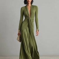Women's Olive Silky Stretchy Dress With Deep V-Neck & Ruched Detail, Glamorous Maxi Dress MDA0509L8I