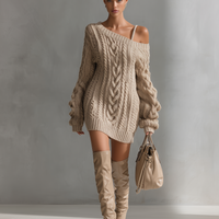 Women's Beige Cable Knit Off-the-Shoulder Fashion Mini Dress MDA1314J6T