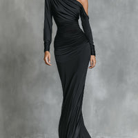 Women's Black Elegant Satin One - Shoulder Ruched Mermaid Maxi Dress MDA2278I0I