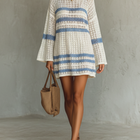 Women's Vacation Style Openwork Knit Striped Mini Dress MDA1806L6Y