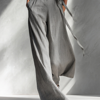 Women's Minimalist Linen Blend Gray Spaghetti-Strap Square-Neck Tie-Waist Wide-Leg Jumpsuit MDA2666L5AU