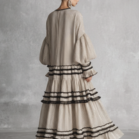 Women's Boho Striped Ruffle Tiered Cotton Blend Long Sleeve Maxi Dress MDZ1426B2BA
