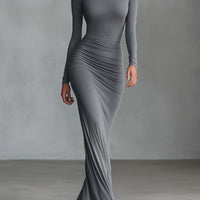 Women's Grey Elegant Stretch - Polyester-Cotton Blend Ruched Open - Back Maxi Dress MDA2860H8I