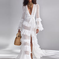 Women's Crisp White Crochet Knit Cardigan With Deep V-Neck & Layered Ruffles, Timeless Bohemian-Glam Style Cardigan MDA2372L3I