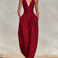 Women's Red Linen Jumpsuit With Spaghetti Straps & High-Waisted Pleated Pants, Timeless Romantic-Elegant Style Jumpsuit MDZ1915C8I
