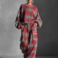 Women's Red And Gray Plaid Brushed Distressed Street Style Color-Blocked Piping Pantsuit Set MDA1065K4I