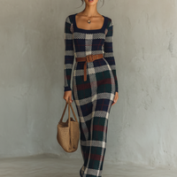 Women's Minimalist Check Knit Belted Square Neck Maxi Dress MDA2984J0Y