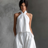 Women's Casual White Cotton And Linen Halter-neck Sleeveless Top And Skirt Set MDZ1269A6AN