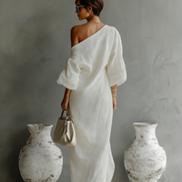 Women's Ivory White Cotton-Linen Blend One-Shoulder Flowing Elegant Dress MDA3032K4T