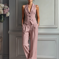 Women's Blush Pink Linen Fabric Sleeveless Vest & Wide-Leg Pants Two-Piece Set With Lapel Collar MDZ3005A5T