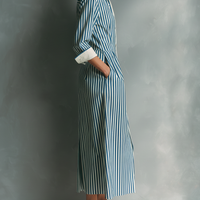 Women's Blue And White Cotton Blend Striped Shirt Dress With Red Chest Pocket MDZ1286C2T