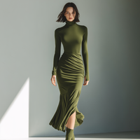 Women's Army Green Stretch Knit High Neck Pleated Slim Fit Maxi Dress MDA0556K1T