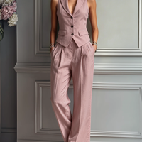 Women's Blush Pink Linen Fabric Sleeveless Vest & Wide-Leg Pants Two-Piece Set With Lapel Collar MDZ3005A5T