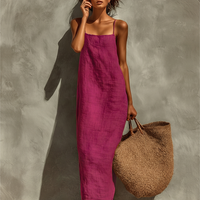 Women's Red Cotton Dress With Spaghetti Straps & Square Neck, Timeless Boho-Resort Style Dress MDZ0924C3I