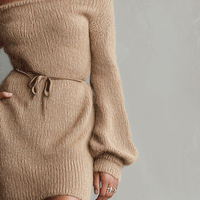 Women's Camel Elegant Fuzzy Knit Off - The - Shoulder Belted Mini Dress MDA0419I2I