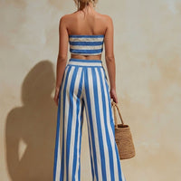 Women's Resort Style Blue And White Striped Strapless Wide-Leg Pants Suit MDZ0963B1BA