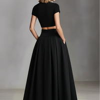 Women's Black Stretch-Knit & Woven Set With Cropped Top & Maxi Dress, Timeless Sleek-Chic Style Set (without Belt) MDZ1412A1I
