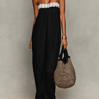 Women's Minimalist Linen-Blend Lace-Paneled Strapless With Spaghetti Straps Maxi Dress MDZ1926C9Y