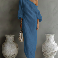 Women's Ivory White Cotton-Linen Blend One-Shoulder Flowing Elegant Dress MDA3032K4T