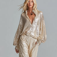 Women's Champagne Sequin Blouse With Oversized Balloon Sleeves & Half-Button Placket, Timeless Party-Glam Style Top MDZ1606D1LYL