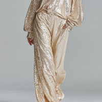 Women's Champagne Sequin Blouse With Oversized Balloon Sleeves & Half-Button Placket, Timeless Party-Glam Style Top MDZ1606D1LYL