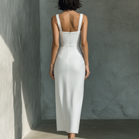 Women's Simple White Cotton And Linen Blend Sleeveless Midi Dress MDZ1204A3BA