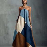 Women's Bohemian Multi-color Cotton Linen Blend Patchwork Halter Maxi Dress MDZ1956C4BA