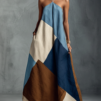 Women's Bohemian Multi-color Cotton Linen Blend Patchwork Halter Maxi Dress MDZ1956C4BA