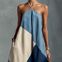 Women's Bohemian Multi-color Cotton Linen Blend Patchwork Halter Maxi Dress MDZ1956C4BA