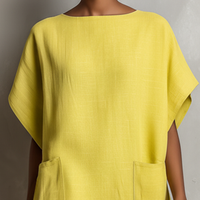 Women’s Lime Yellow Linen-Blend Batwing Sleeve Patch Pocket Shift Dress MDZ2671C3T