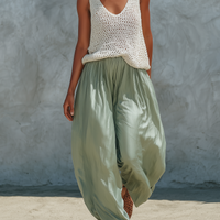 Women's Minimalist Mesh-Knit Tank Top And Faux-Acetate Balloon Pants Set MDZ2710C0Y