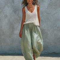 Women's Minimalist Mesh-Knit Tank Top And Faux-Acetate Balloon Pants Set MDZ2710C0Y