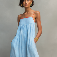 Women's Minimalist Striped Maxi Dress With Red Trim And Spaghetti Straps MDZ2710C3Y