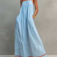 Women's Minimalist Striped Maxi Dress With Red Trim And Spaghetti Straps MDZ2710C3Y