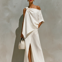 Women's White Linen Asymmetric Top With Knotted One-Shoulder & Draped Detail, Modern Elegant-Resort Style Top MDZ1114D8I