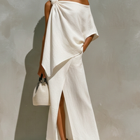 Women's White Linen Asymmetric Top With Knotted One-Shoulder & Draped Detail, Modern Elegant-Resort Style Top MDZ1114D8I