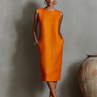 Women's Orange Linen Shift Dress With Sleeveless Round Neck & Side Pockets, Timeless Minimalist-Elegant Style Dress MDZ2851C7I