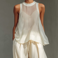 Women’s Cream Sheer Sleeveless High Neck Oversized Flowy Cami Top MDZ3000C3T