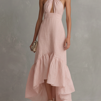 Women's Elegant Pink Cotton-Linen Halter Maxi Dress With Front Cutout And Ruffles MDZ3066C3GMJ