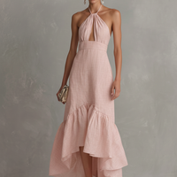 Women's Elegant Pink Cotton-Linen Halter Maxi Dress With Front Cutout And Ruffles MDZ3066C3GMJ