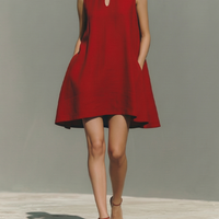Women's Red Lightweight Linen Dress With Keyhole Neck & Flared Hem, Contemporary Effortless-Casual Style Dress MDZ0203D4I