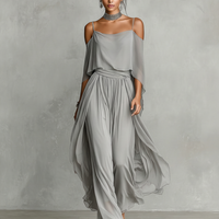 Women's Grey Breathable Chiffon Set With Cold-Shoulder Detail & Flared Silhouette, Contemporary Luxury-Feminine Style Set MDZ2651B6I