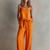 Women's Orange Linen Two-Piece Set With Square Neck Cami Top & Tie-Waist Wide-Leg Pants, Timeless Boho-Resort Style Set MDZ0825D5I