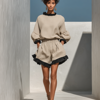 Women’s Beige Linen-Blend Contrast Ruffle Trim Long Sleeve Blouse & High-Waisted Ruffle Hem Shorts Two-Piece Set MDZ1018D0T