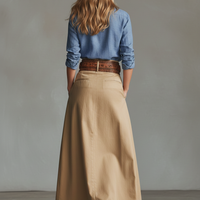 Women's Casual Khaki Cotton Blend A-line Long Skirt (Belt Not Included) MDZ1413D6GMJ