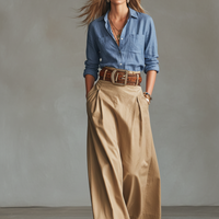 Women's Casual Khaki Cotton Blend A-line Long Skirt (Belt Not Included) MDZ1413D6GMJ