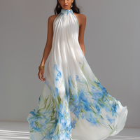 Women's Elegant White Printed Chiffon Halter-Neck Sleeveless Maxi Dress MDZ1415D5LXY