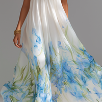 Women's Elegant White Printed Chiffon Halter-Neck Sleeveless Maxi Dress MDZ1415D5LXY
